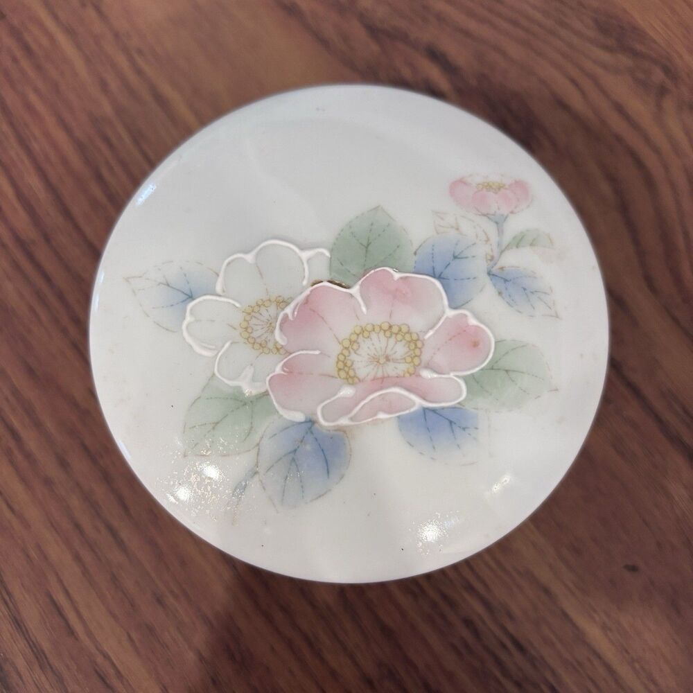 Vintage Otagiri Trinket Dish Ring Box Peony Flowers Porcelain Japan 3.5"